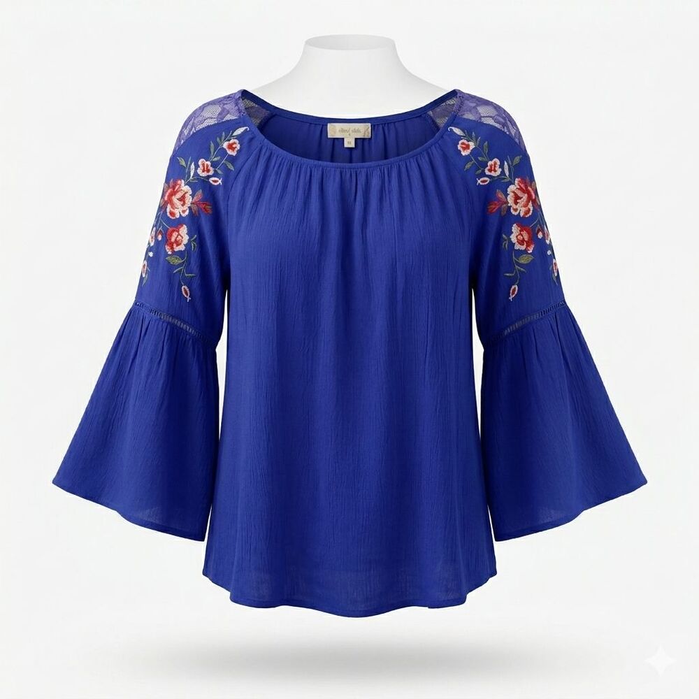 Altar'd State Royal Blue Embroidered Bell Sleeve Blouse Top Boho Size M